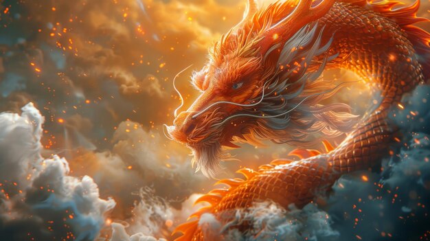 Une illustration d'un dragon doré dans un cadre fantastique