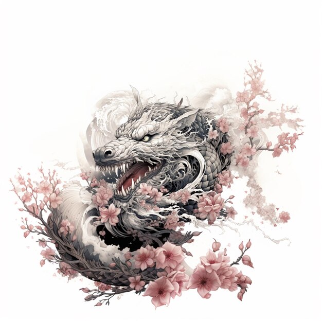 illustration dragon avec fleur de sakura sur fond