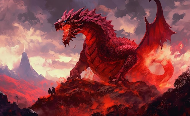 une illustration d'un dragon rouge debout au sommet d'une colline dans le style de la peinture numérique