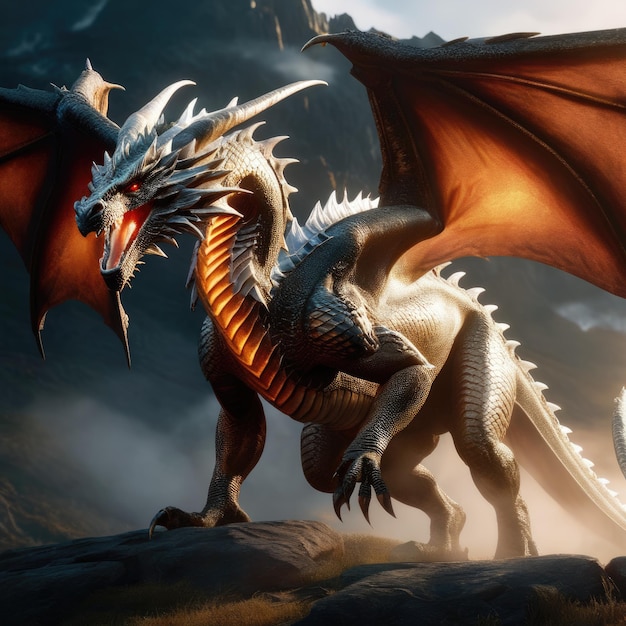 Illustration d'un dragon ultra réaliste dans un brouillard léger et spectaculaire