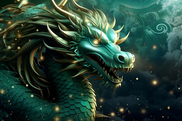 Illustration de dragon vert sur un fond vert foncé Bonne année 2024 bannière Année du dragon Dragon en bois comme symbole de l'année modèle de carte de Nouvel An Tones sombres en gros plan