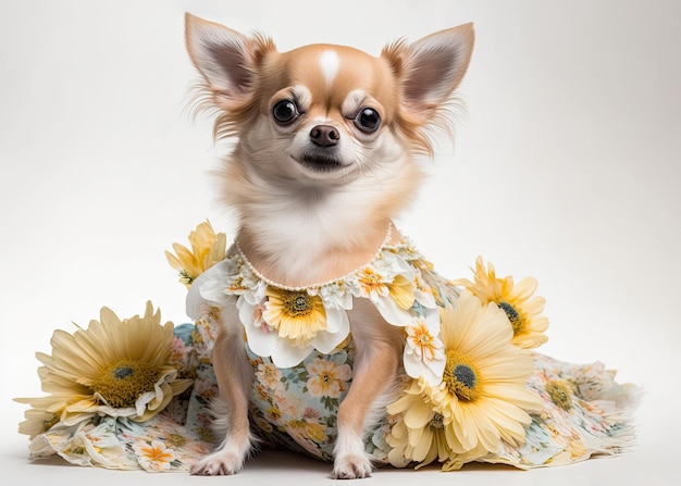 Illustration drôle de chihuahua mignon vêtu d'une robe AI générative