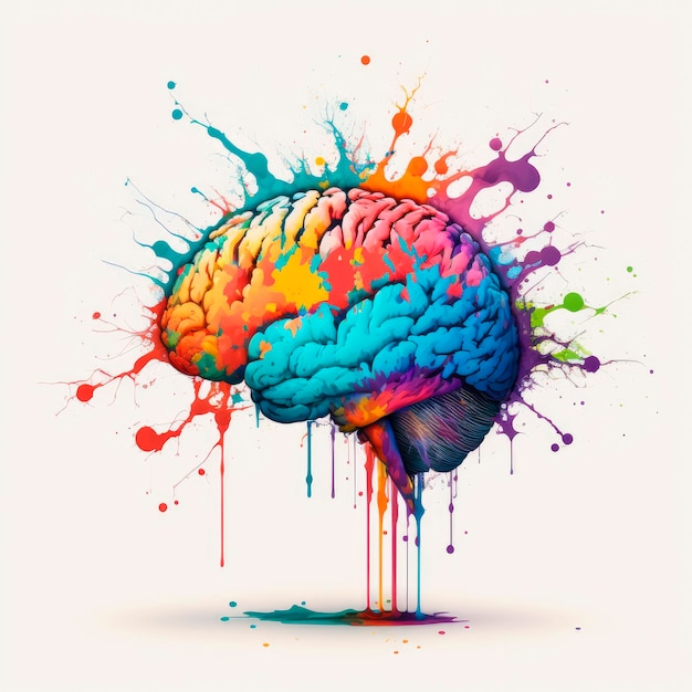 Illustration du cerveau humain coloré avec de la peinture colorée et éclaboussé de peinture AI générative