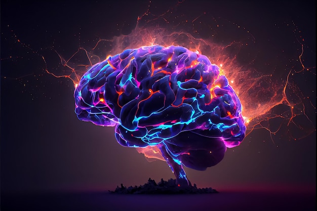 Illustration du cerveau humain avec des impulsions de neurones AI