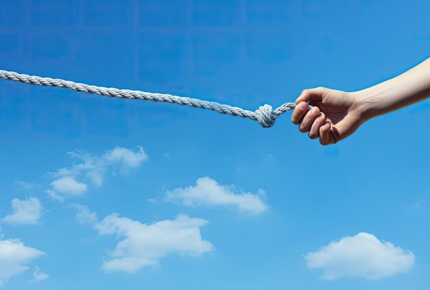 Photo illustration du ciel tirant la corde à la main avec des nuages en arrière-plan ai générative