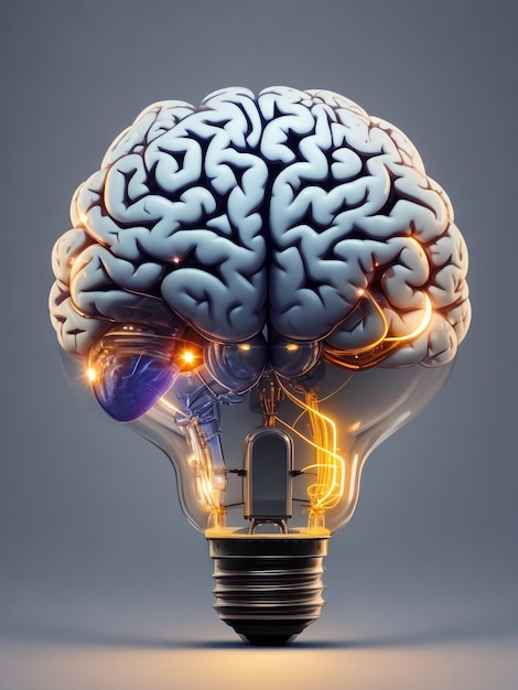 Photo illustration du concept réactif du cerveau humain à l'intérieur de l'ampoule électrique isolée sur fond blanc