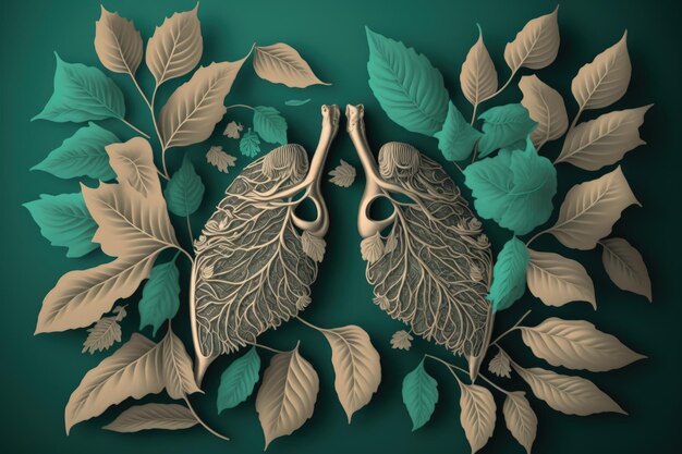 Illustration du concept de santé pulmonaire et végétale humaine et de soins de l'environnement fond vert AI