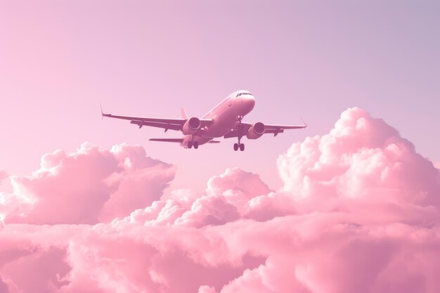 illustration du contour d'un avion et d'un cœur sur fond rose dans le style de l'esthétique instantanée