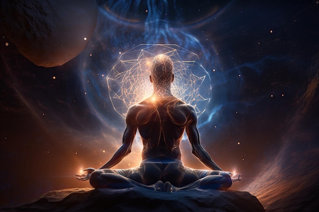 Illustration du corps astral de la spiritualité méditant humaine avec des rayons lumineux générés par l'IA