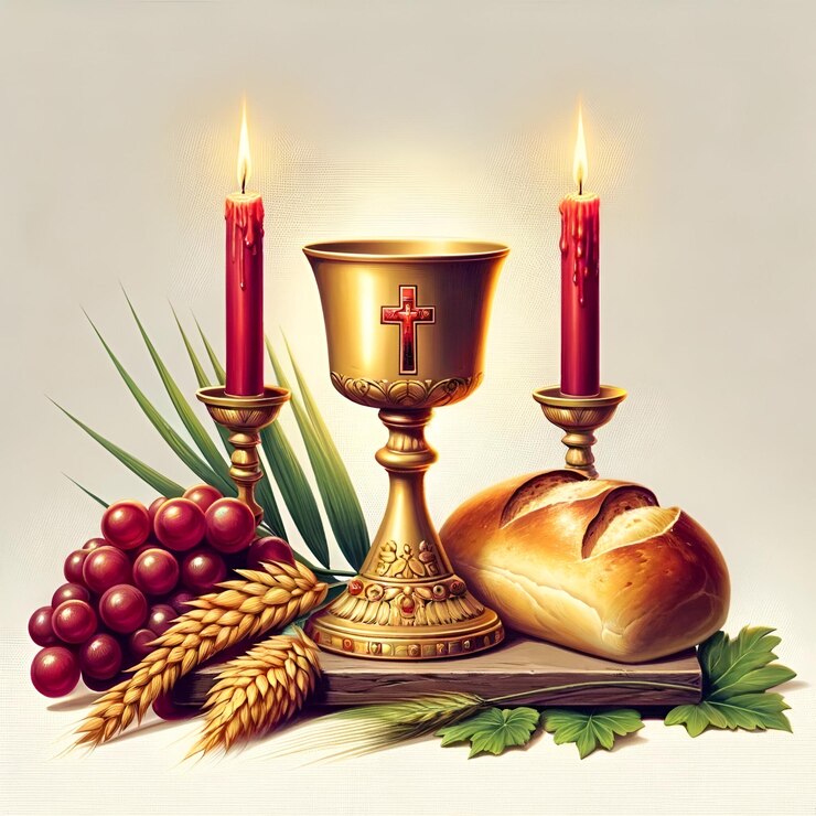Illustration du corpus christi avec un calice, du pain, des raisins et des bougies