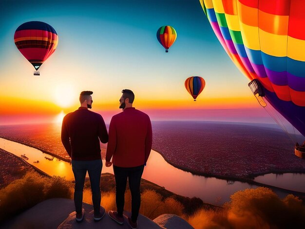 Illustration du coucher de soleil avec des ballons à air chaud colorés et un couple gay avec un paysage insulaire