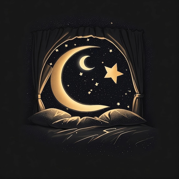 illustration du croissant de lune rêveur et des étoiles sur fond noir