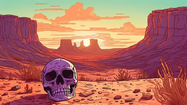 Photo illustration du désert de l'arizona avec un crâne au premier plan ia générative