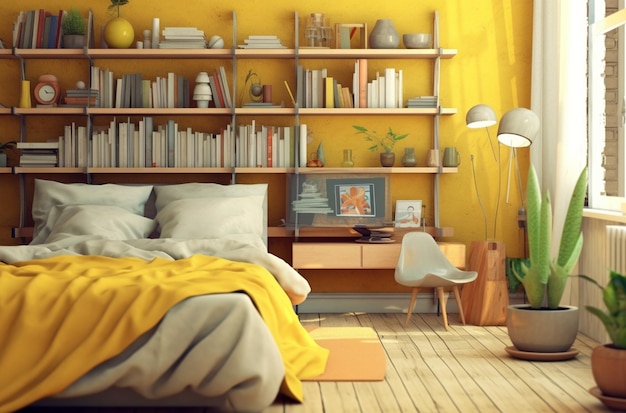 illustration du design d'intérieur moderne La salle de lecture est décorée en jaune dans un style lumineux