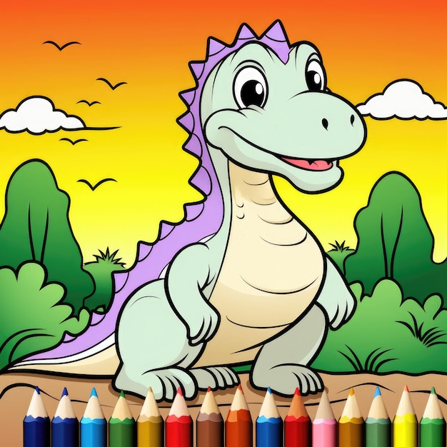 Illustration du dinosaure et des crayons colorés