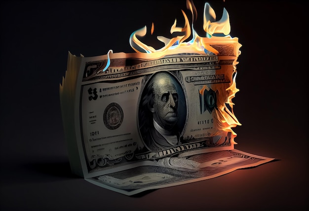 Illustration du dollar en feu fond sombre concept de faillite ai