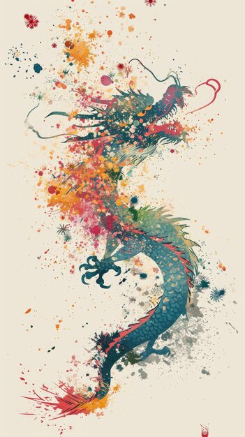 Photo illustration du dragon asiatique faite de feux d'artifice sur fond plat au nouvel an chinois