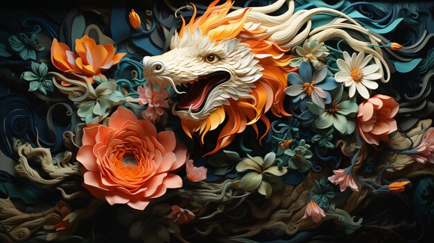 illustration du dragon d'or avec fond de fleurs