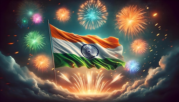 Illustration du drapeau indien ondulé avec feux d'artifice