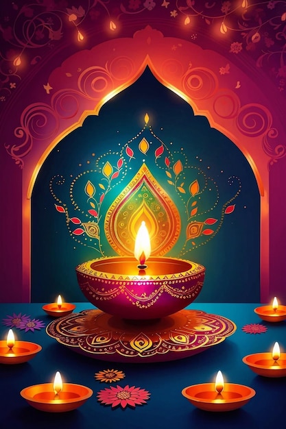 Illustration du festival Diwali Lampe Diya avec rangoli en bas