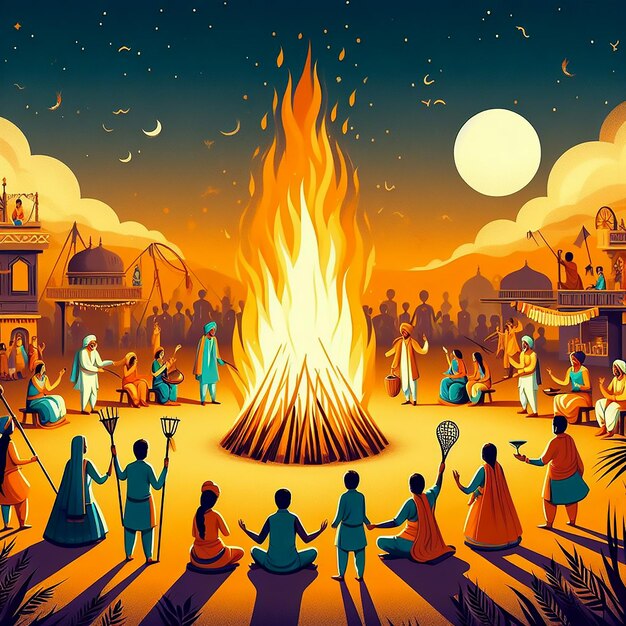 Illustration du festival de Lohri avec des gens et un feu de joie