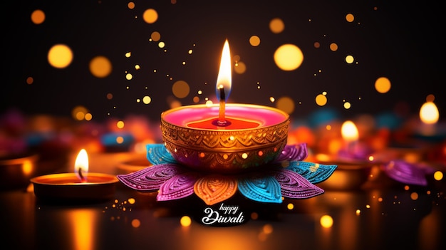 Illustration du festival des lumières de Diwali avec des lampes à huile traditionnelles Diya Generative AI