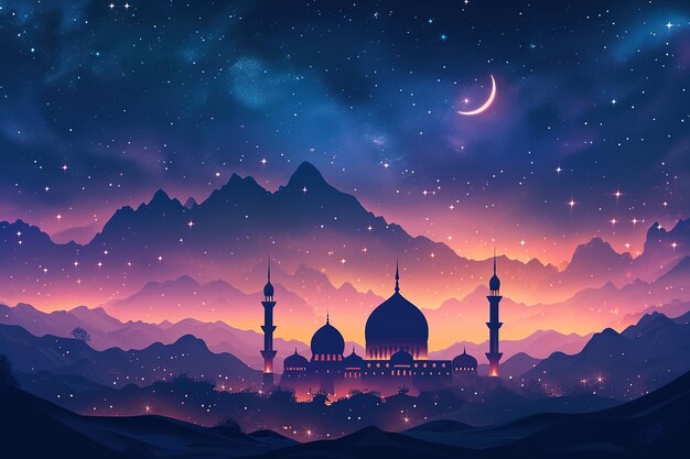 Illustration du fond du Ramadan Kareem avec la lune et les étoiles de la mosquée