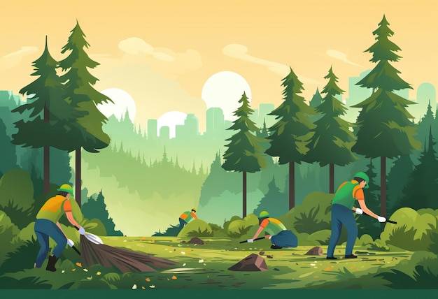 illustration du groupe de personnes nettoyant la forêt