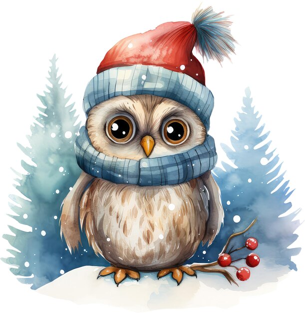 Photo illustration du hibou de noël à l'aquarelle