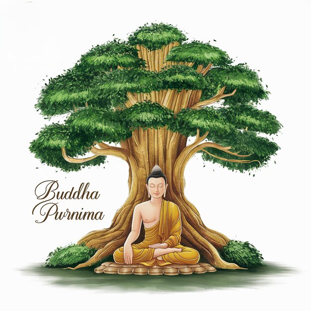 L'illustration du jour de Bouddha Purnima Vesak Gautam Bouddha assis sous l'arbre de Bodhi isolé sur un fond blanc