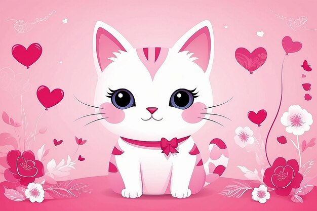 Illustration du jour de la Saint-Valentin avec un mignon chat rose sur fond d'amour adapté à la carte d'invitation de Saint-valentin et à la carte de vœux