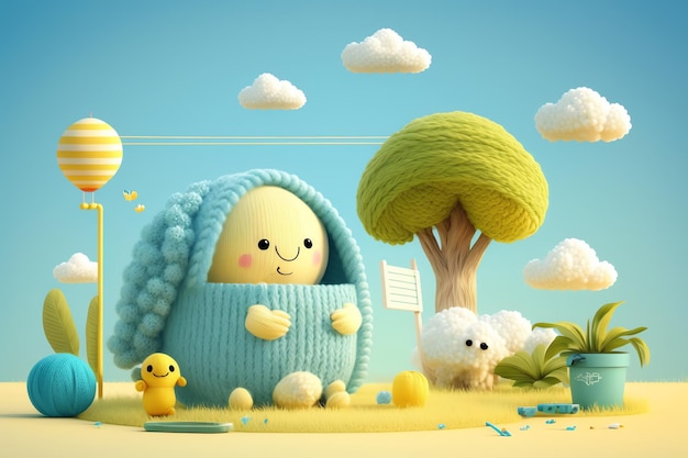 illustration du jour de la terre paysage de style mignon 3D, artisanat mignon, style de tricot