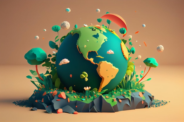 illustration du jour de la terre rendu 3d avec plantes et planète 22 avril