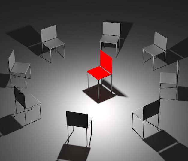 Illustration du leadership dans l'entreprise. Une chaise rouge et huit chaises grises