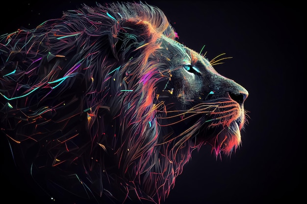 Illustration du lion aux couleurs néon sur fond noir AI