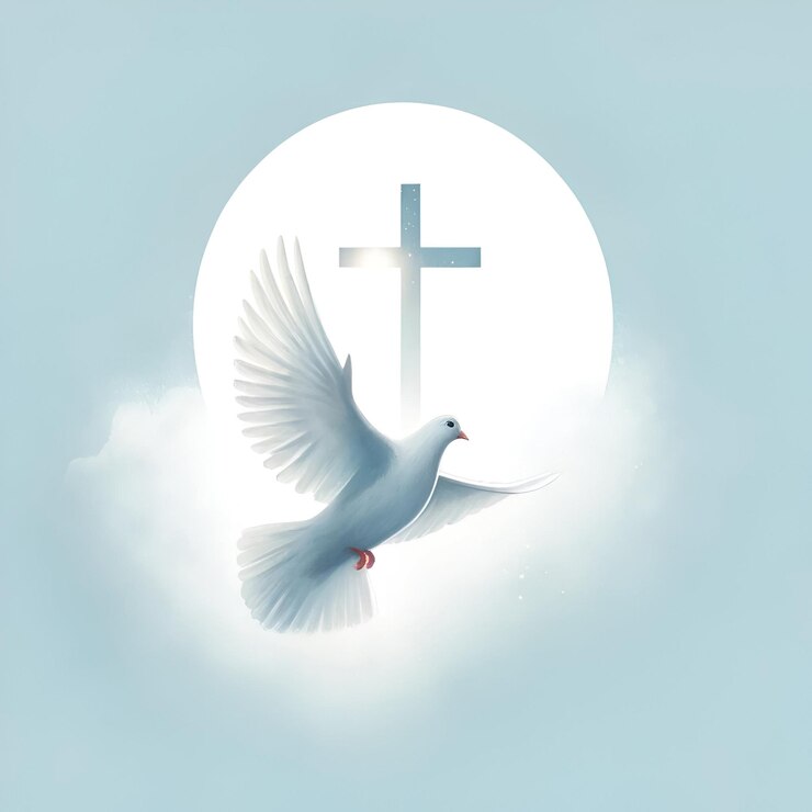 Illustration du lundi de Pentecôte avec une croix et une colombe blanche en vol