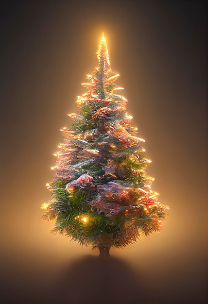 ILLUSTRATION DU MAGNIFIQUE ARBRE DE NOËL DÉCORÉ DE LUMIÈRES ET DE CADEAUX PIN DE NOËL