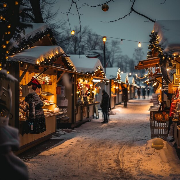 Illustration du marché de Noël d'hiver festif avec une rue couverte de neige