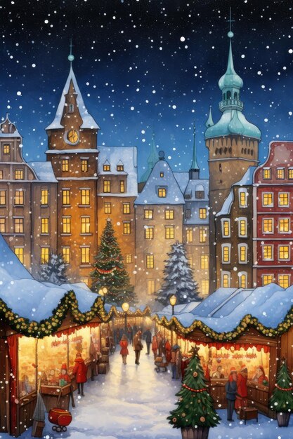 Illustration du marché traditionnel de Noël dans une ville européenne