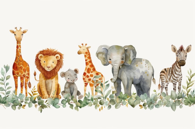 Photo illustration du modèle de cadre d'invitation d'animaux de safari avec girafe, lion, zèbre, rhinocéros et zèbre