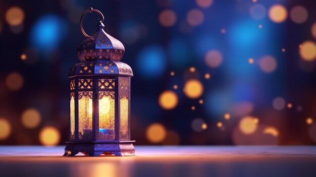 Illustration du mois sacré musulman Ramadan Kareem lanterne arabe avec bokeh AI générative