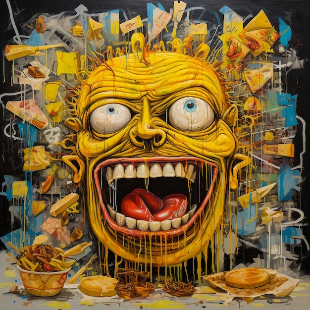Illustration du monstre souriant heureux mange de la nourriture sur la table Ai générative