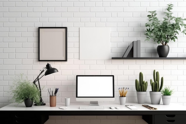 Illustration du montage du produit sur une table de travail moderne sur un mur de briques blanches