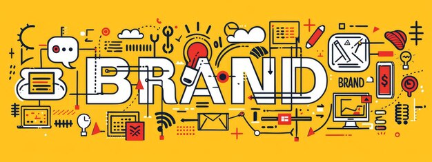 Une illustration du mot BRAND avec des icônes liées au marketing, aux ventes et à la gestion des clients sur un fond jaune