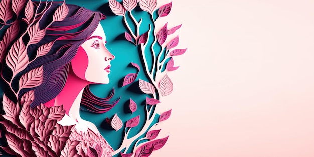 Illustration du papier de style visage et fleurs découpé avec espace de copie pour la journée internationale des femmes