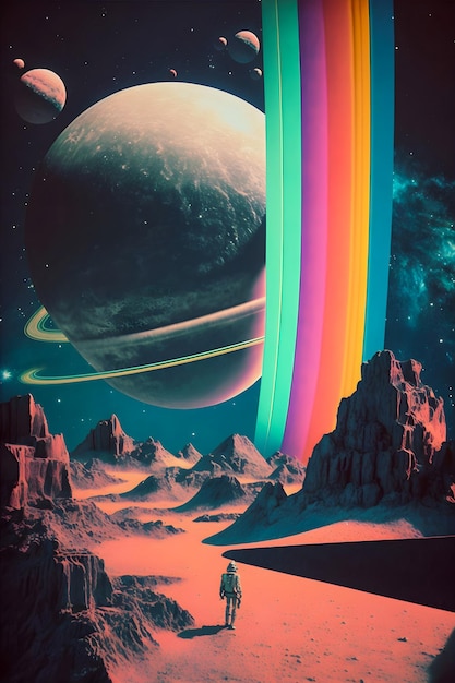 Illustration du paysage de l'espace de style rétro Cosmos abstrait fond fou et psychédélique