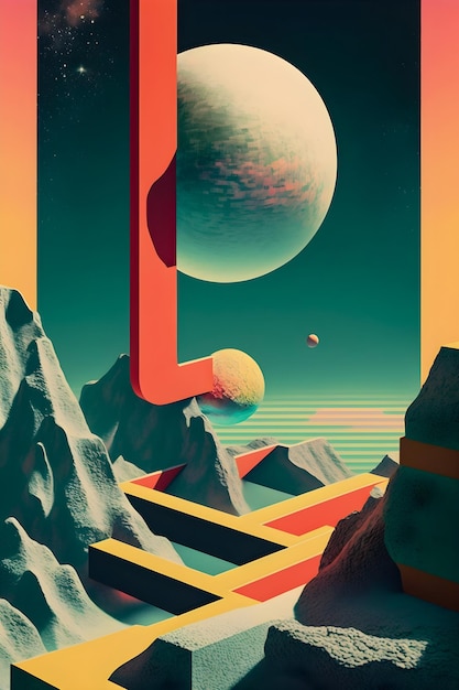 Illustration du paysage de l'espace de style rétro Cosmos abstrait fond fou et psychédélique