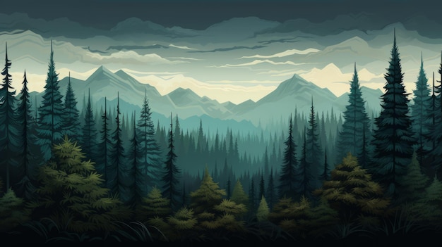Illustration du paysage de la montagne et de la forêt en teal foncé et beige clair