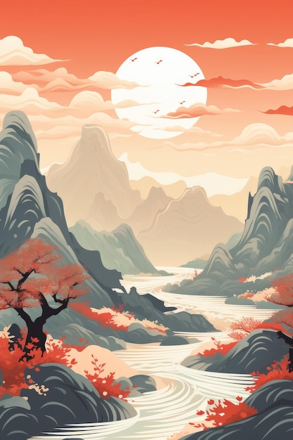 Illustration du paysage de la rivière Guilin Li et des montagnes karstiques Chine Générative ai