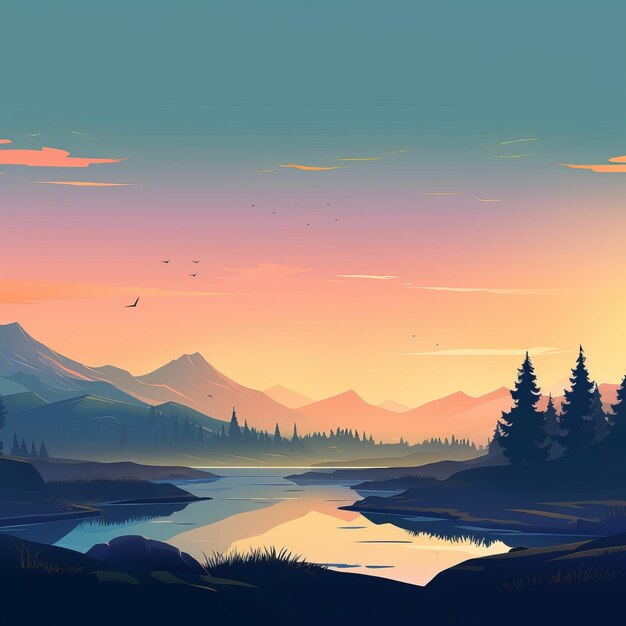 Illustration du paysage romantique Les montagnes au coucher du soleil